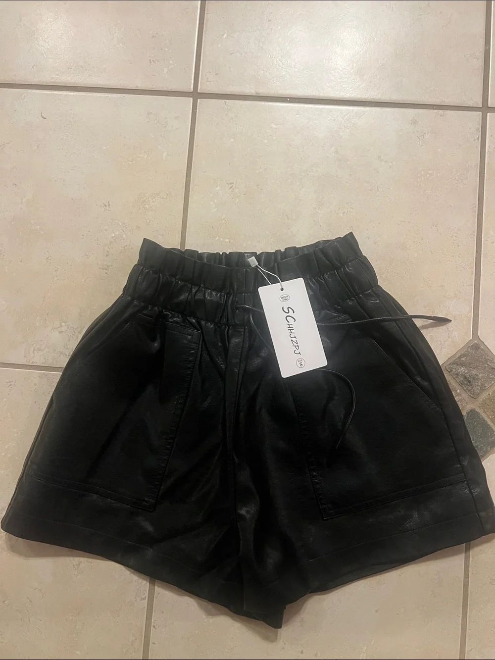 High-Waist Black Faux Leather Paperbag Shorts